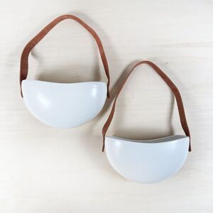 NEW White Ceramic Hanging Plant Holders for Indoor‎ Plant Decor Set/2 Leather
